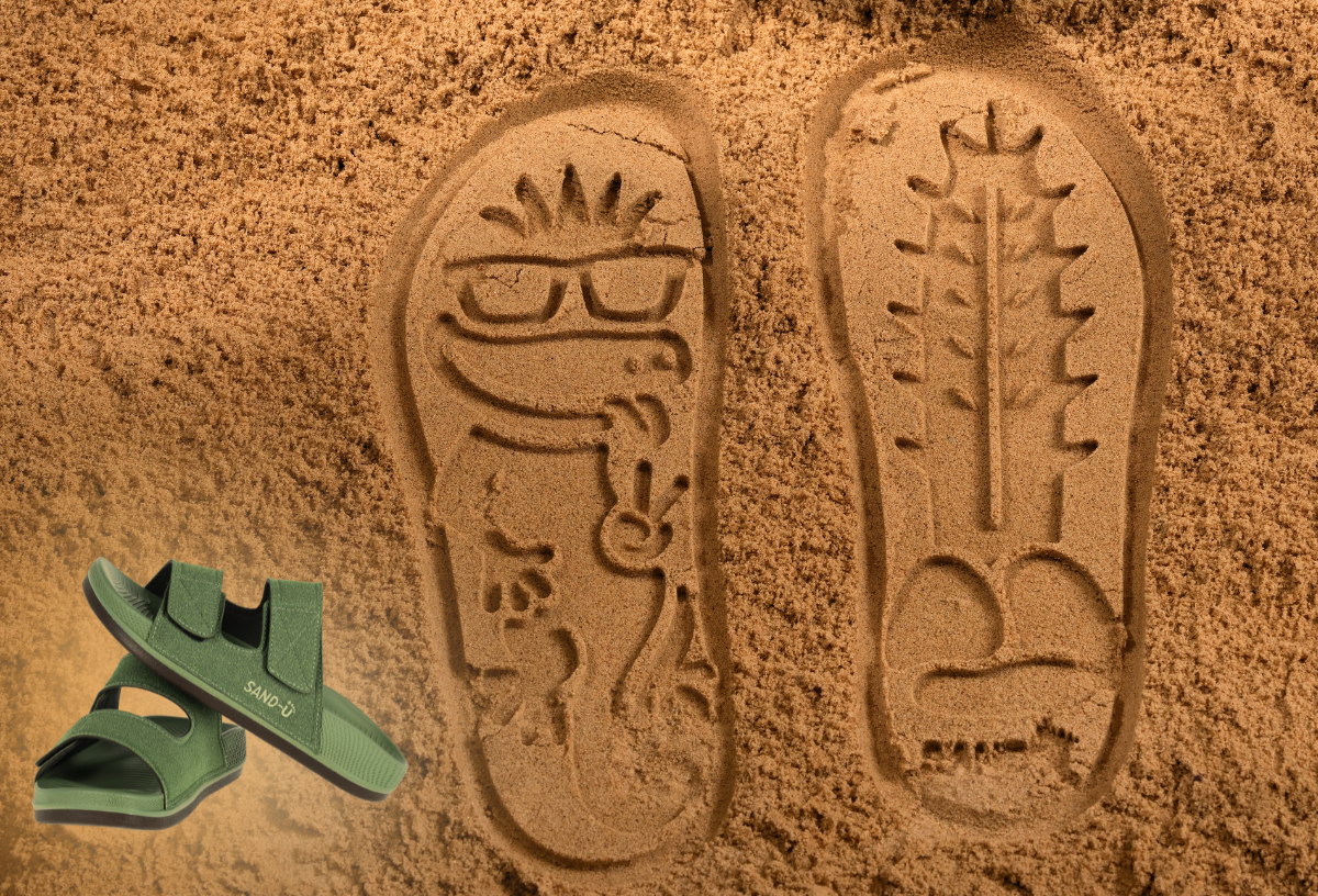 Footprint Sand-U sandals and sand impressions on a sandy surface