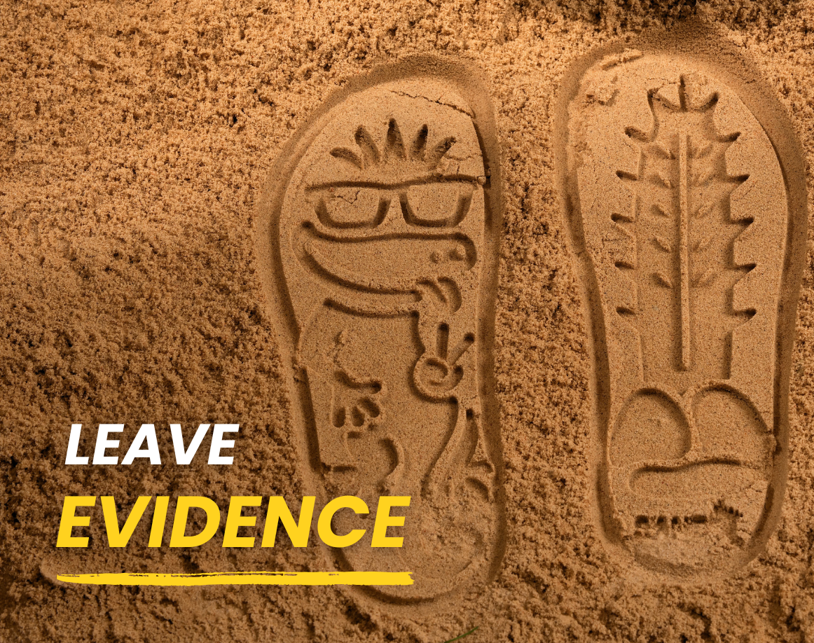 Sand-U Footprints in sand with 'Leave Evidence' text overlay.