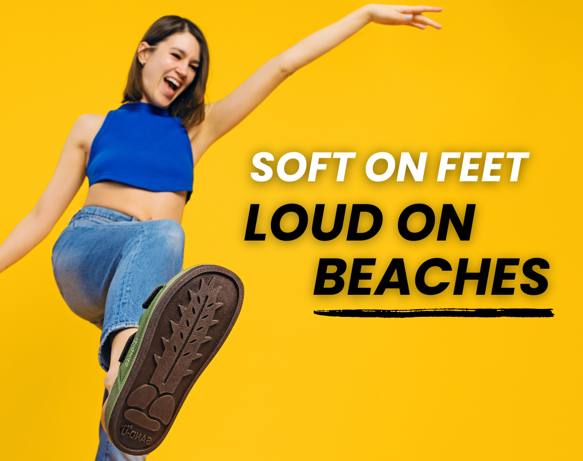 Lady with Sand-U footprint sandals showing sole with cactus  with text 'Soft on Feet, Loud on Beaches' on a yellow background.