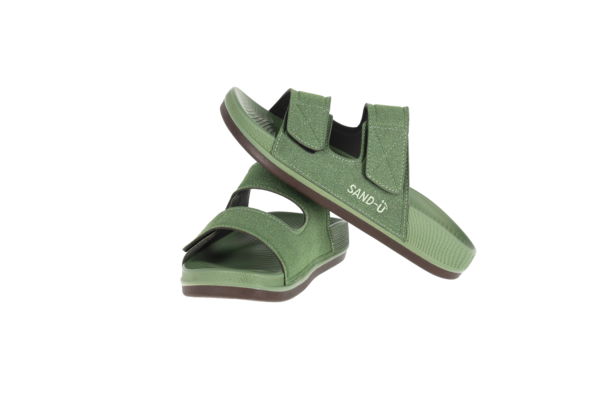 Green sandal with 'SAND-U' branding on a white background