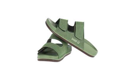 Green sandal with 'SAND-U' branding on a white background