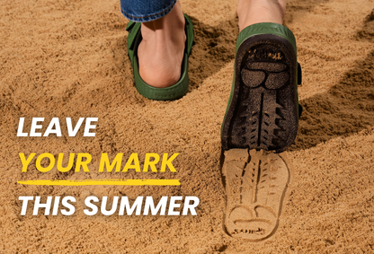 Sand-U Sandals leaving footprints in sand with visible cactus footprint and text 'Leave Your Mark This Summer'
