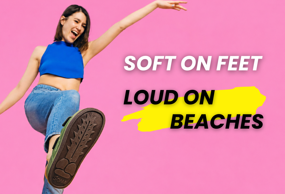 Lady with Sand-U footprint sandals showing sole with cactus  with text 'Soft on Feet, Loud on Beaches' on a pink background