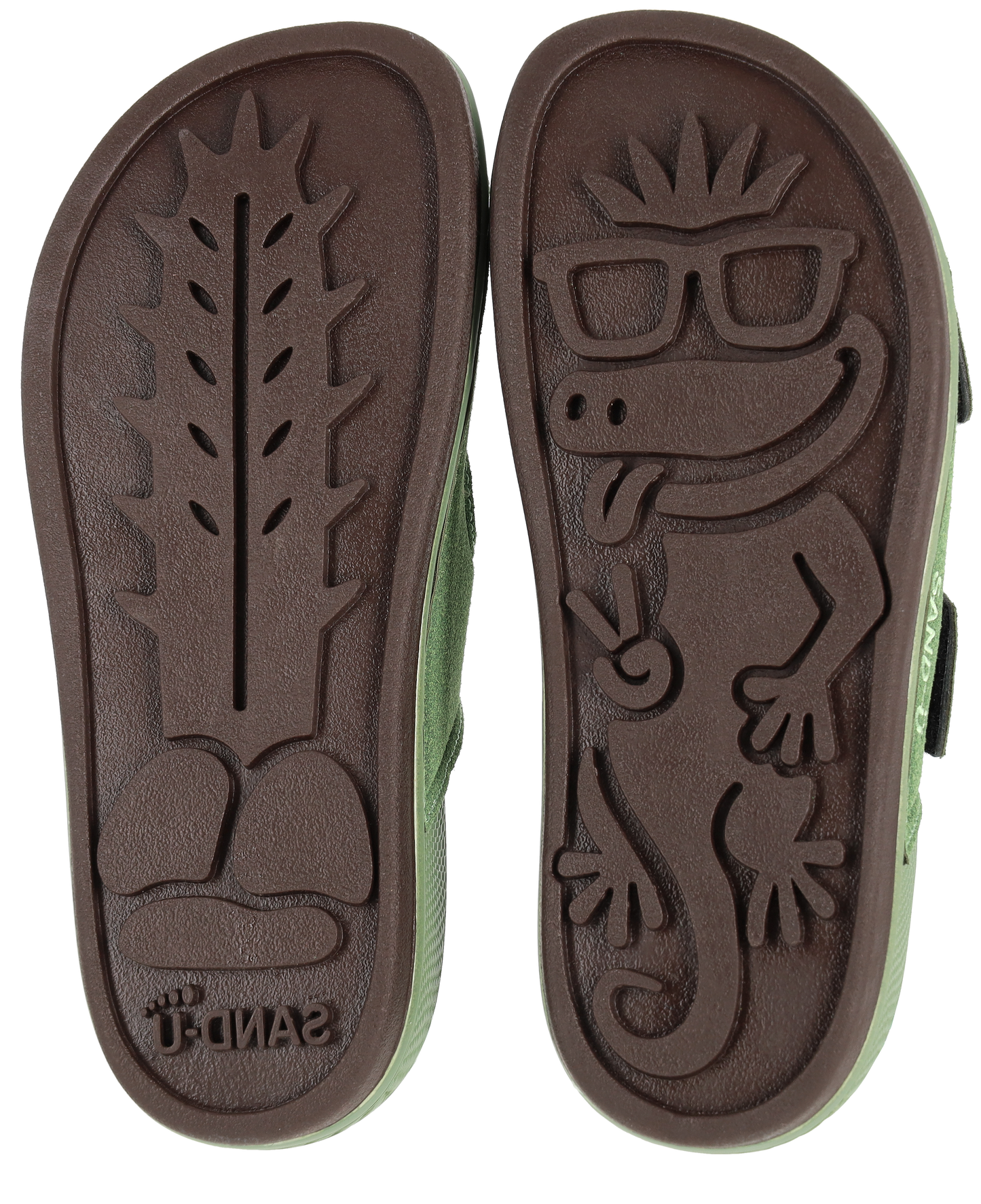 Footprint Sand-U Sandals with visible soles having cactus and lizard prints