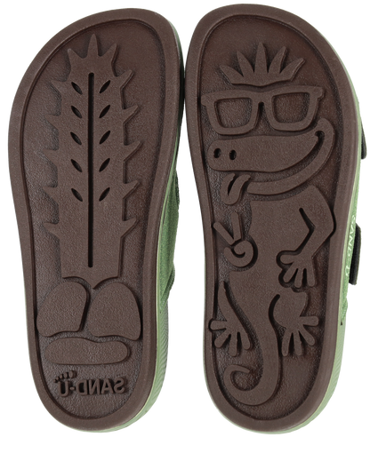 Footprint Sand-U Sandals with visible soles having cactus and lizard prints